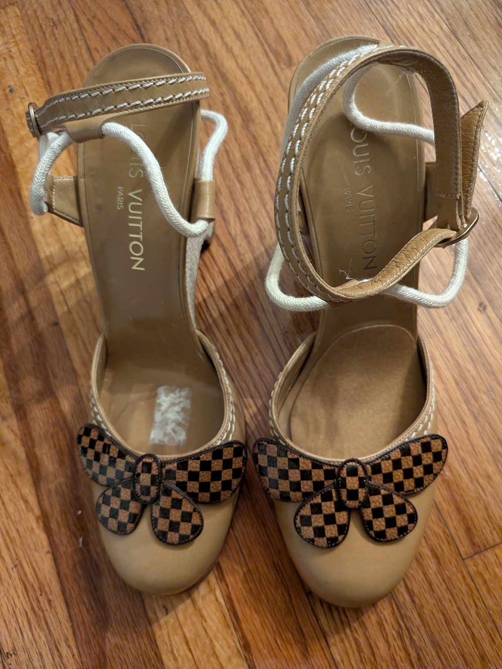 Louis Vuitton Women’s Tan Ankle-Strap Wedge Heels with Checker Bow